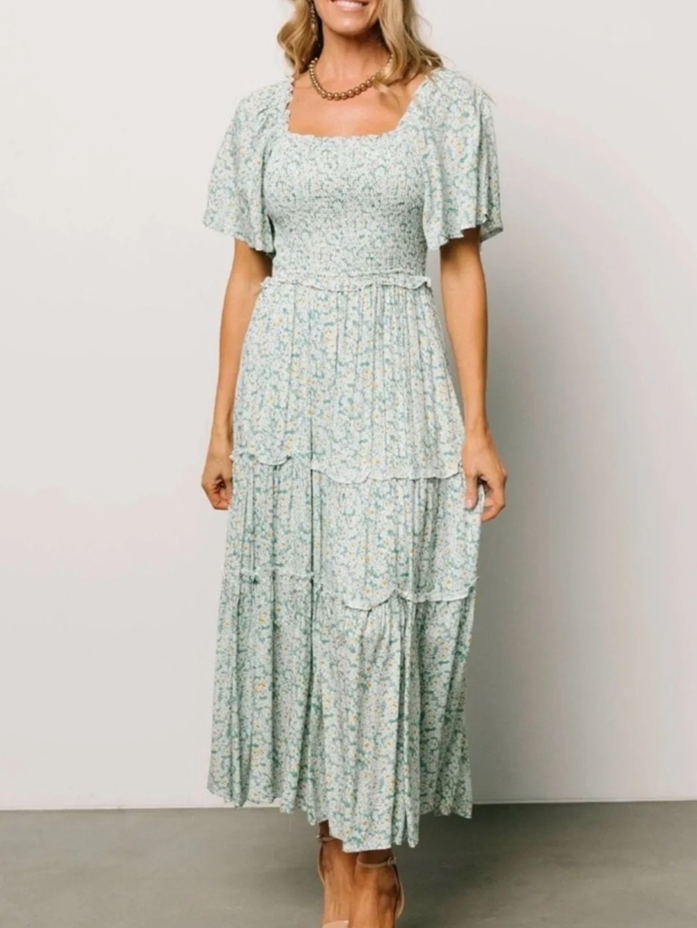 Baltic Born Regina Smocked Short-Sleeve Tiered Maxi Dress Green Floral NEW XL - Picture 2 of 14